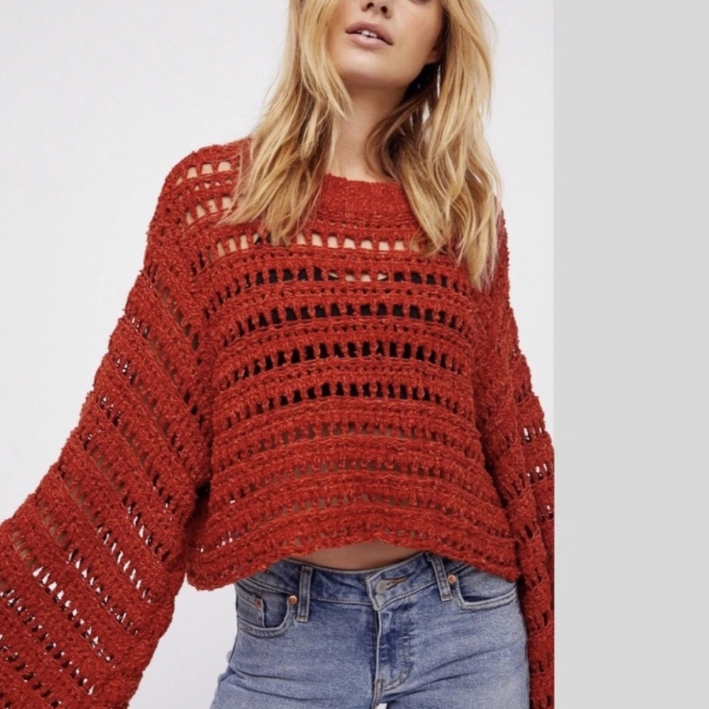 Free People Caught Up Terracotta Bell Sleeve Sweater with Textured Knit
